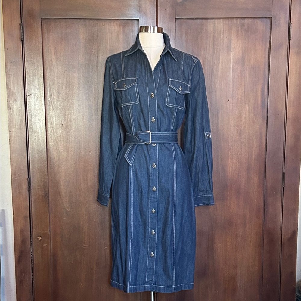 Vintage Jones New York Belted Denim Shirt Dress 8